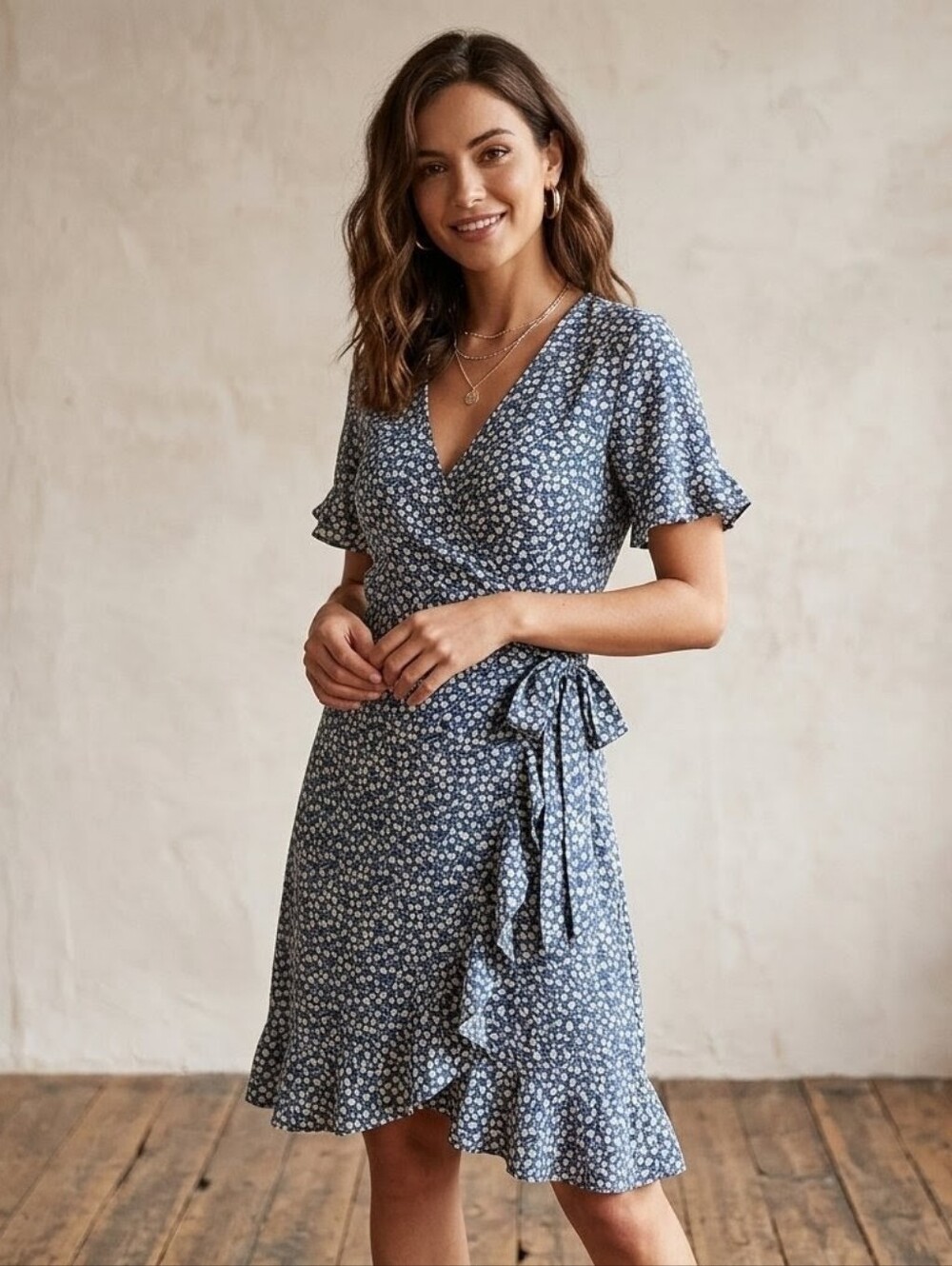 ONLY Floral Ruffle Wrap Dress Smoky Blue With Cream Size Small Wedding Guest